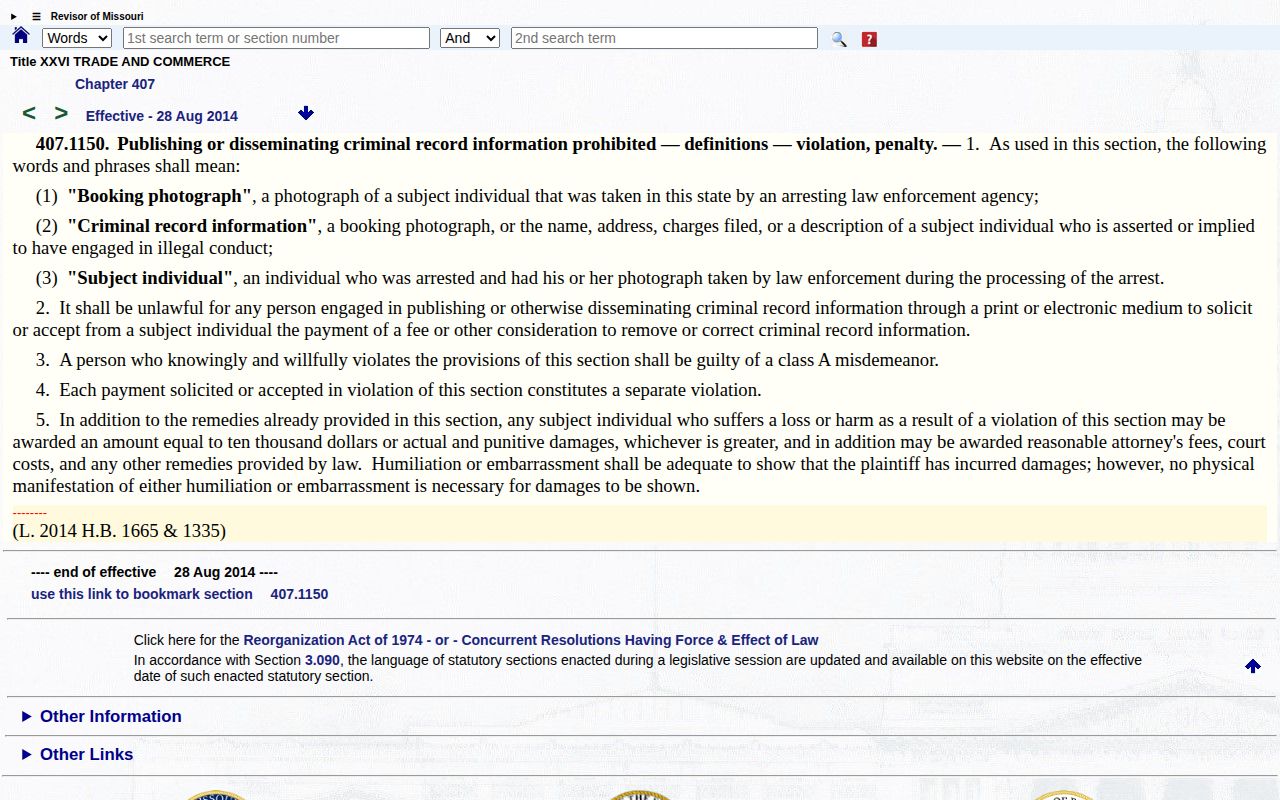 Missouri mugshot publication law relevant to Sullivan County booking records