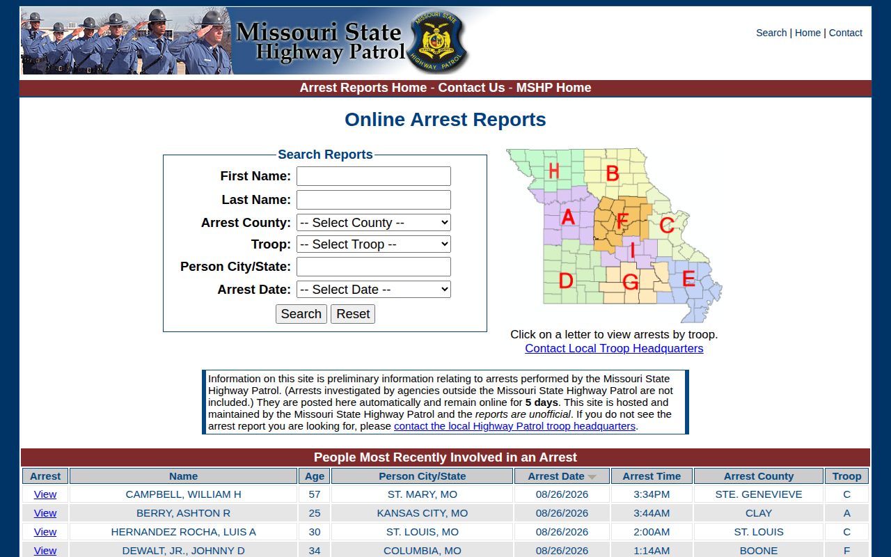 Missouri Highway Patrol arrest search for Sullivan County recent arrest records